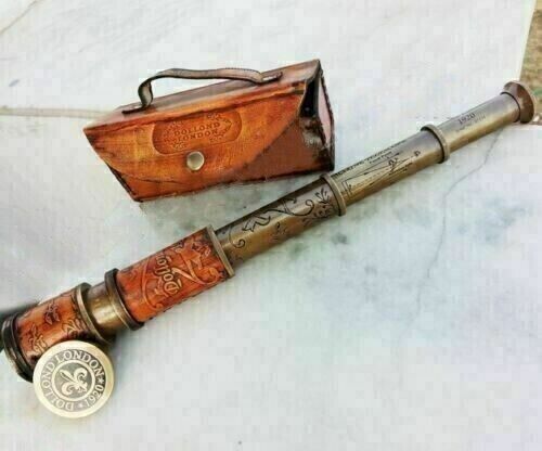 Antique Brass Telescope Marine Nautical Leather Pirate Spyglass Vintage Gift.