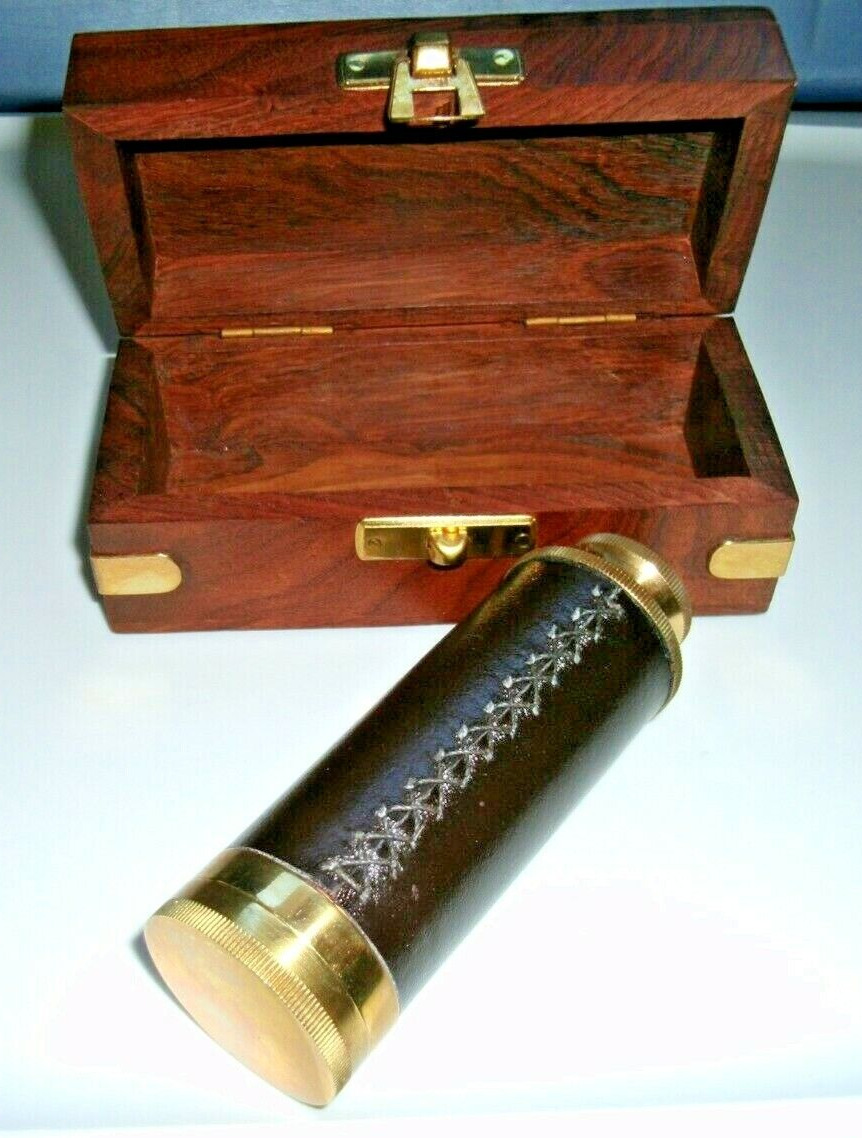 Spyglass-Unique-Made of Brass/Leather/with Wood Box & Brass Fittings