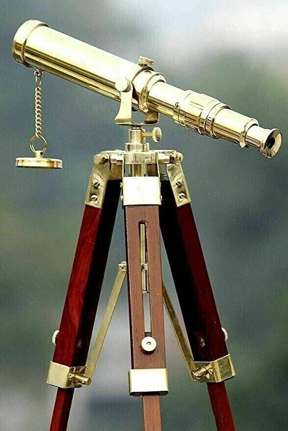 Antique Brass Vintage Telescope With Wooden Tripod Stand Telescope.
